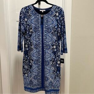 Sandra Darren Blue Multi Midi Dress with 3/4 Sleeve Size S